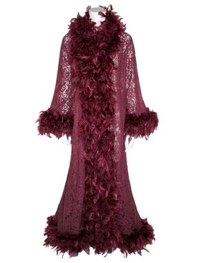 Shirley of Hollywood Maroon Lace Robe with Feather Trim